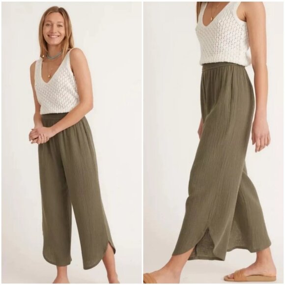 Marine Layer Corinne Wide leg Pant XS olive green gauze crop elastic waist - Picture 2 of 9